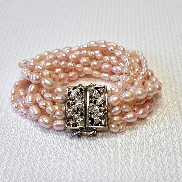 Monet Pink Freshwater Pearls (8 strands) Bracelet with silver and crystal